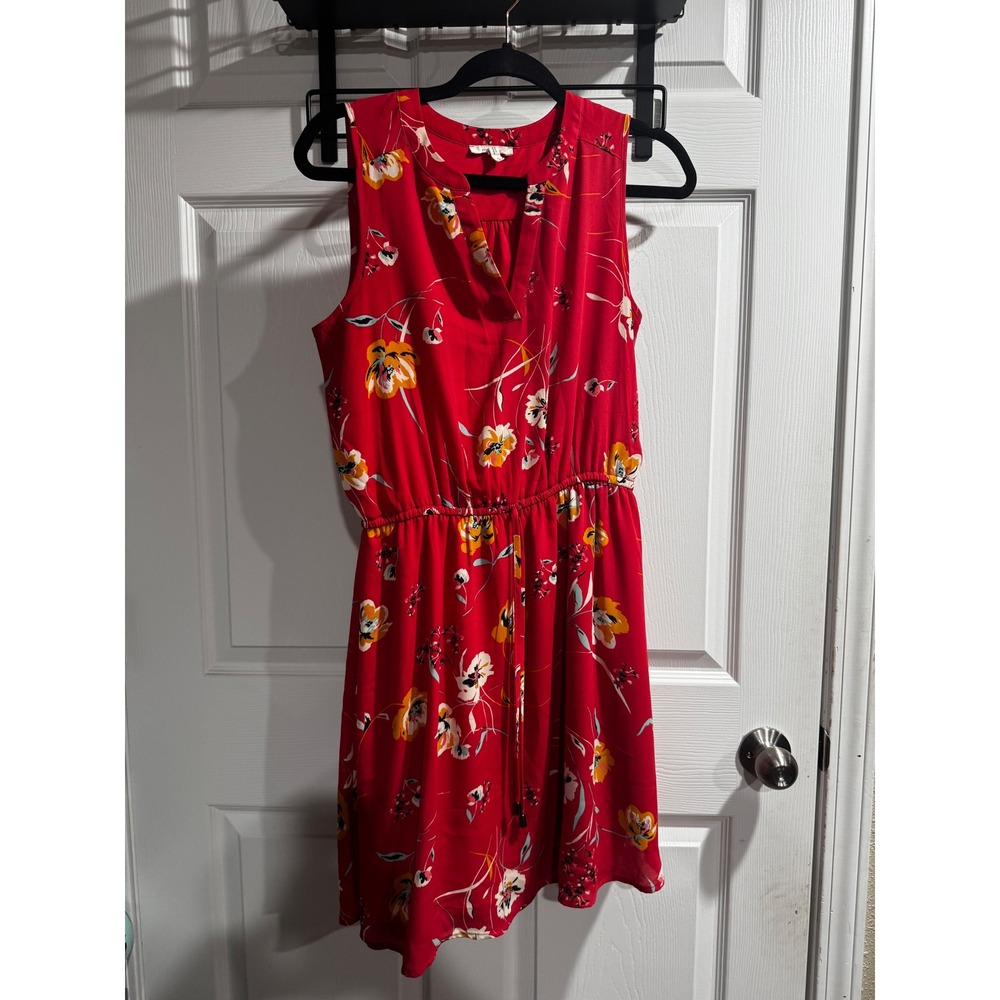 Maurices Red Floral Sleeveless Split Neck Elastic Waist Dress Small